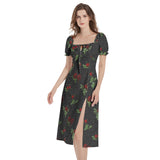 Rose Prin Puff Sleeve Split Thigh Midi Dress - Objet D'Art