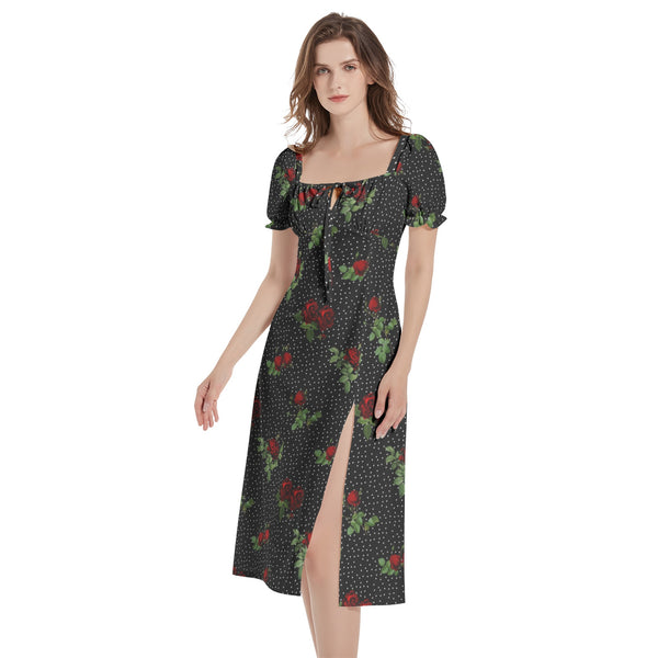 Rose Prin Puff Sleeve Split Thigh Midi Dress - Objet D'Art