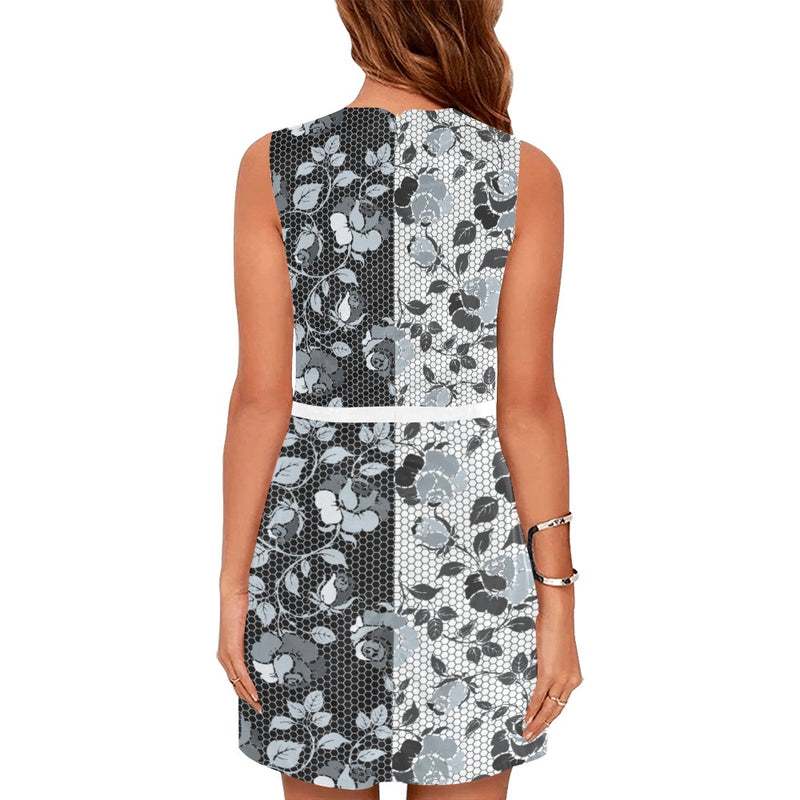 selenium gray print 4 Eos Women's Sleeveless Dress (Model D01) - Objet D'Art
