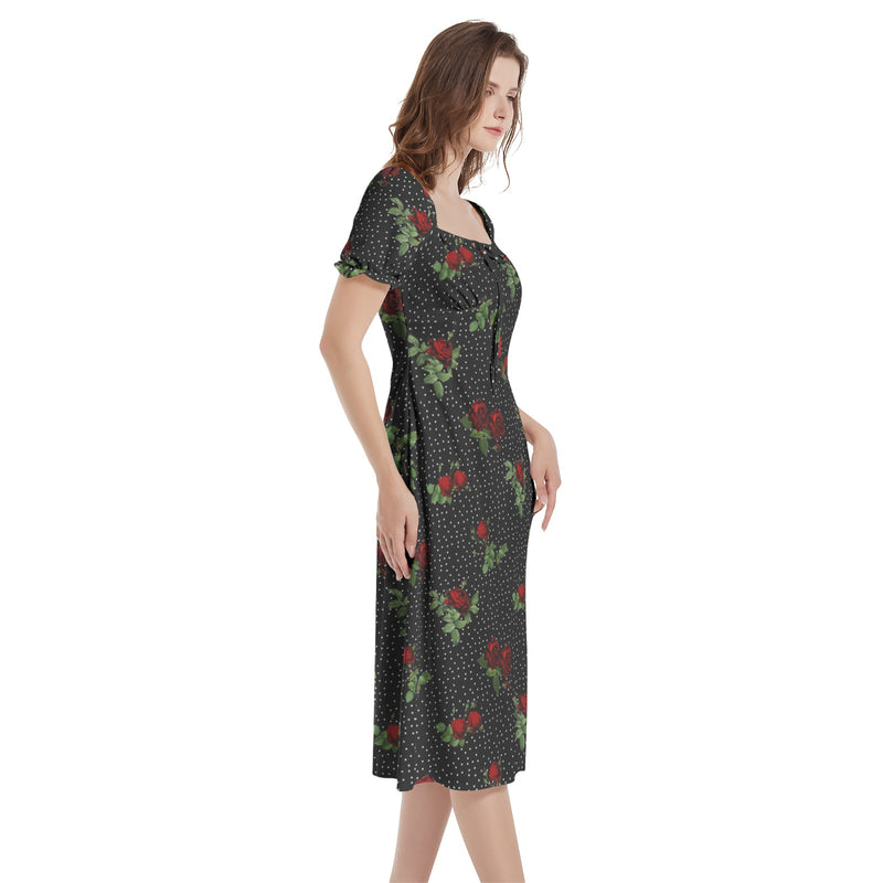 Rose Prin Puff Sleeve Split Thigh Midi Dress - Objet D'Art