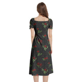 Rose Prin Puff Sleeve Split Thigh Midi Dress - Objet D'Art