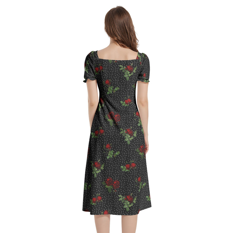 Rose Prin Puff Sleeve Split Thigh Midi Dress - Objet D'Art