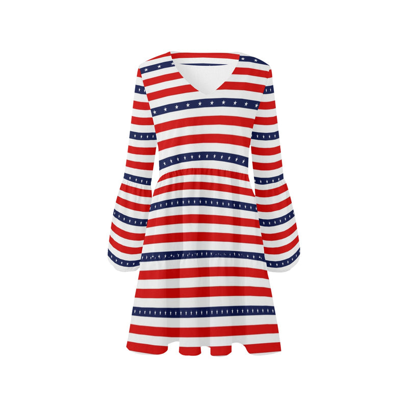 americana stars and stripes striped print 2 V-Neck Loose Fit Dress (Model D62) - Objet D'Art