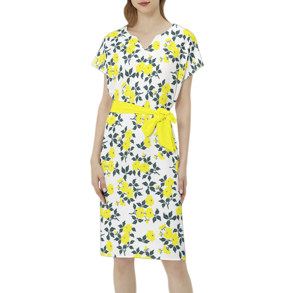 Batwing Sleeve Notch Neck Casual Dress with Belt - Objet D'Art