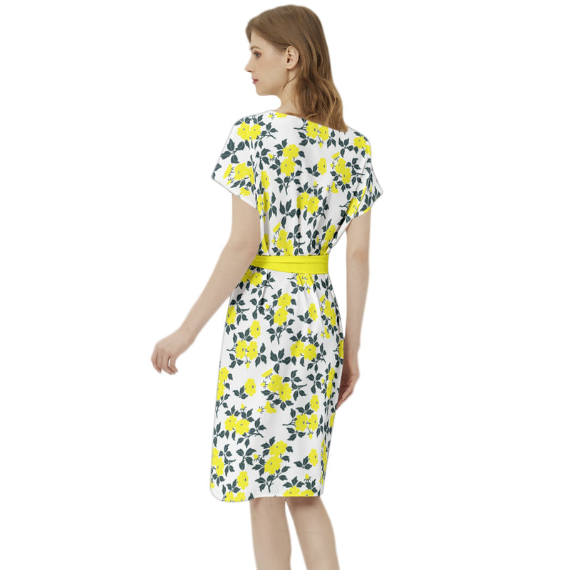 Batwing Sleeve Notch Neck Casual Dress with Belt - Objet D'Art