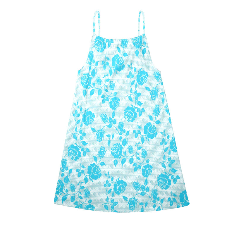 light blue greek key and medium blue roses print 2 Drawstring Neck Sleeveless Dress (Model D68) - Objet D'Art