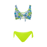 bright neon green print Bow Tie Front Bikini Swimsuit (Model S38) - Objet D'Art