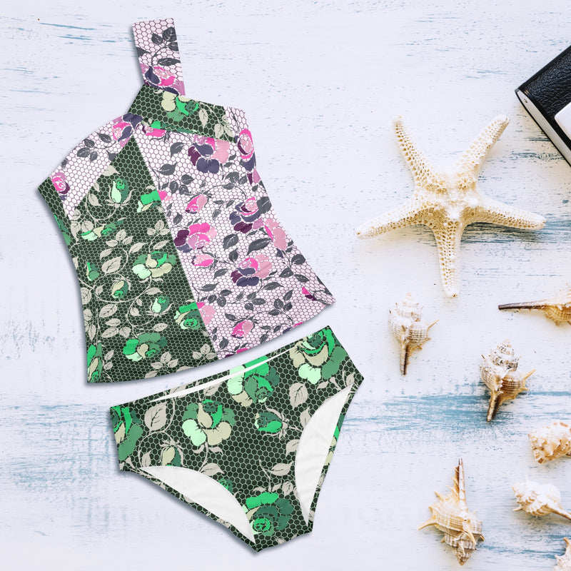 green rose print 2 Women's One Shoulder Backless Swimsuit (Model S44) - Objet D'Art