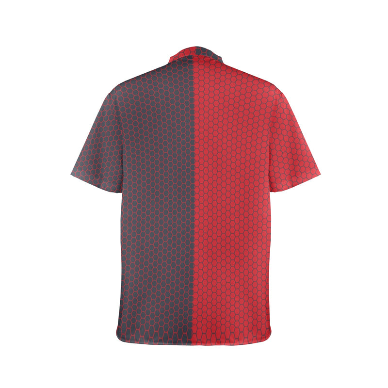 grey red hex print Men's Stand-Up Collar Short Sleeve Shirt - Objet D'Art