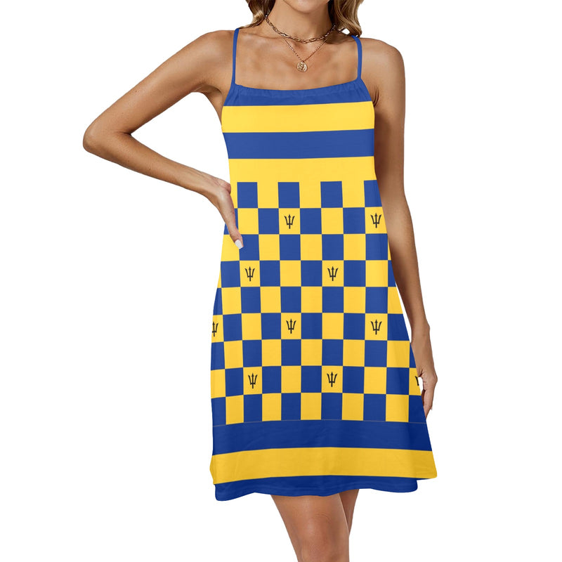 barbados blue Drawstring Neck Sleeveless Dress (Model D68) - Objet D'Art