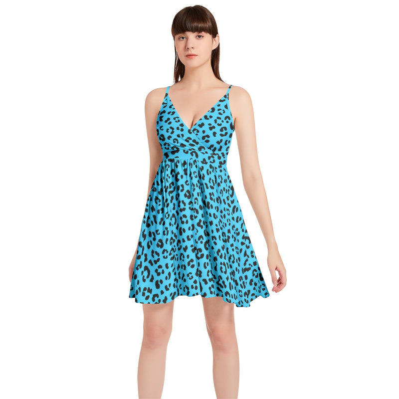 Leopard Print Spaghetti Strap Sleeveless Falred Hem Short Dress - Objet D'Art