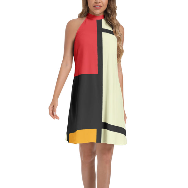Mondrian Art Tie Back Halter Neck Flared Dress - Objet D'Art