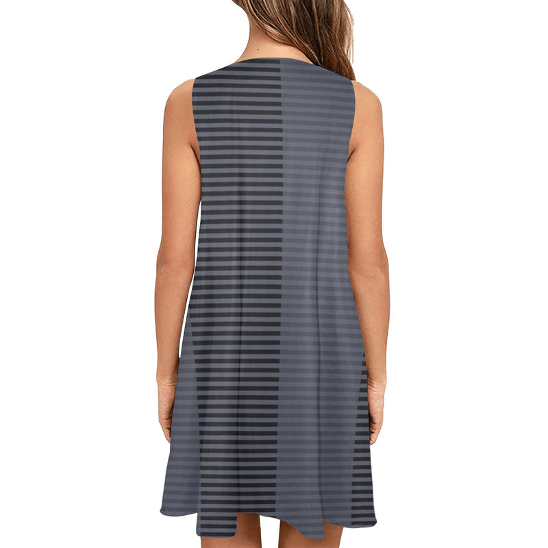 horizontal striped black gray print Sleeveless A-Line Pocket Dress (Model D57) - Objet D'Art
