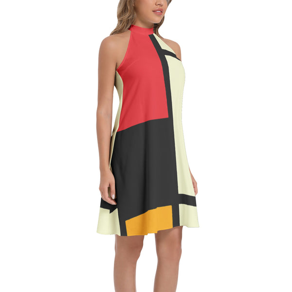 Mondrian Art Tie Back Halter Neck Flared Dress - Objet D'Art