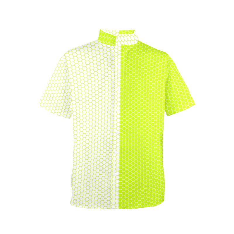 neon green hex print 5 Men's Stand-Up Collar Short Sleeve Shirt - Objet D'Art