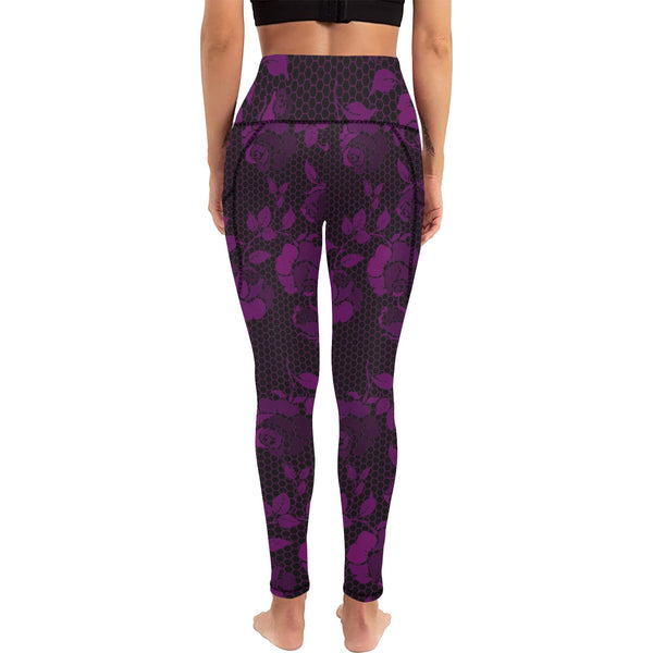 purple rose print 4 Women's All Over Print Leggings with Pockets (Model L56) - Objet D'Art