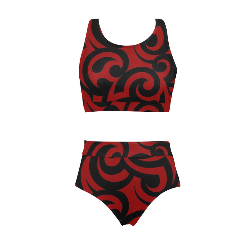 red and black scroll print Crop Top Bikini Set (Model S21) - Objet D'Art