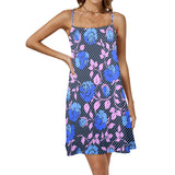 BLUE PINK ROSE PRINT copy Drawstring Neck Sleeveless Dress (Model D68) - Objet D'Art