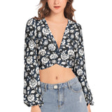 Silhouette of White Roses Women's Deep V-Neck Lantern Sleeve Crop Top - Objet D'Art