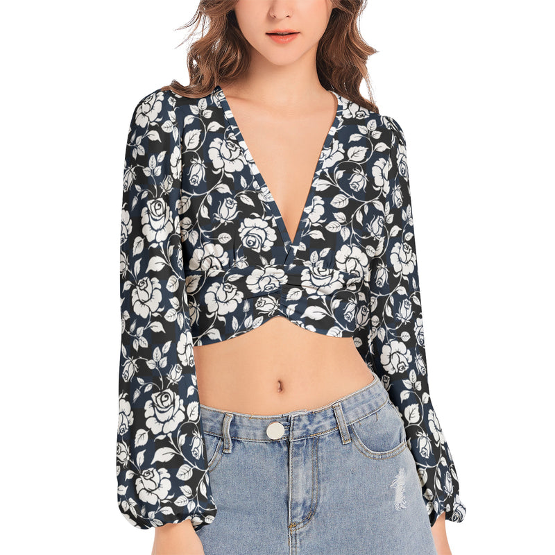Silhouette of White Roses Women's Deep V-Neck Lantern Sleeve Crop Top - Objet D'Art