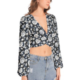 Silhouette of White Roses Women's Deep V-Neck Lantern Sleeve Crop Top - Objet D'Art