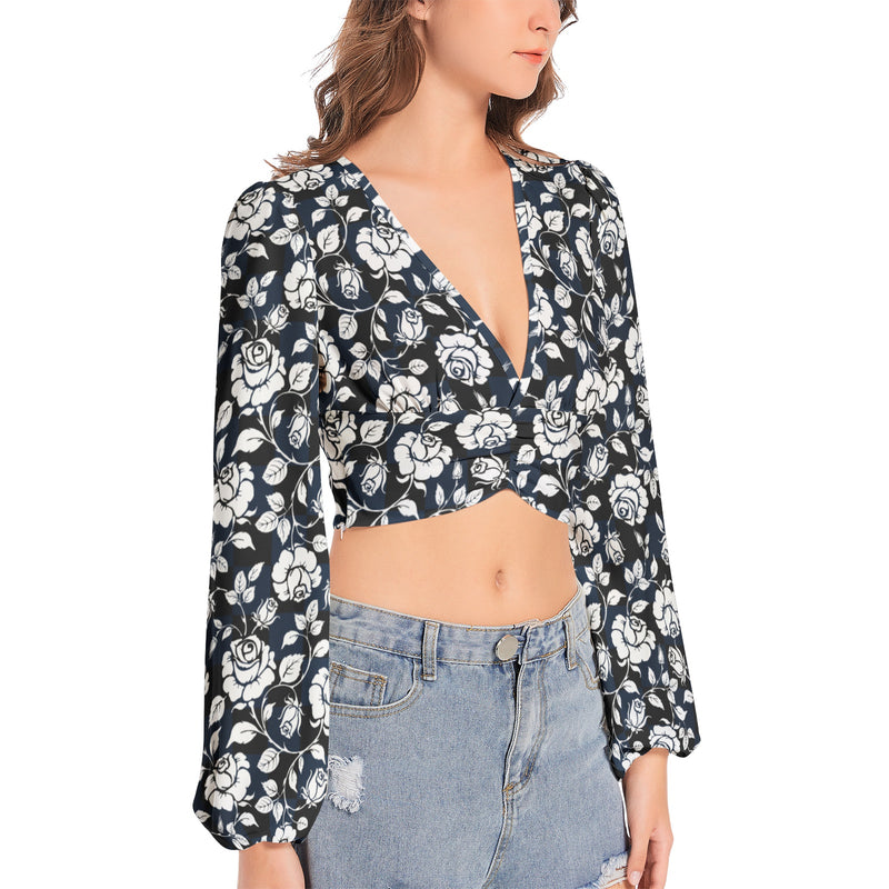 Silhouette of White Roses Women's Deep V-Neck Lantern Sleeve Crop Top - Objet D'Art