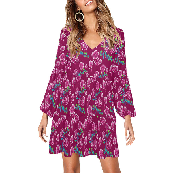 maroon floral print V-Neck Loose Fit Dress (Model D62) - Objet D'Art