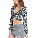 Silhouette of White Roses Women's Deep V-Neck Lantern Sleeve Crop Top - Objet D'Art