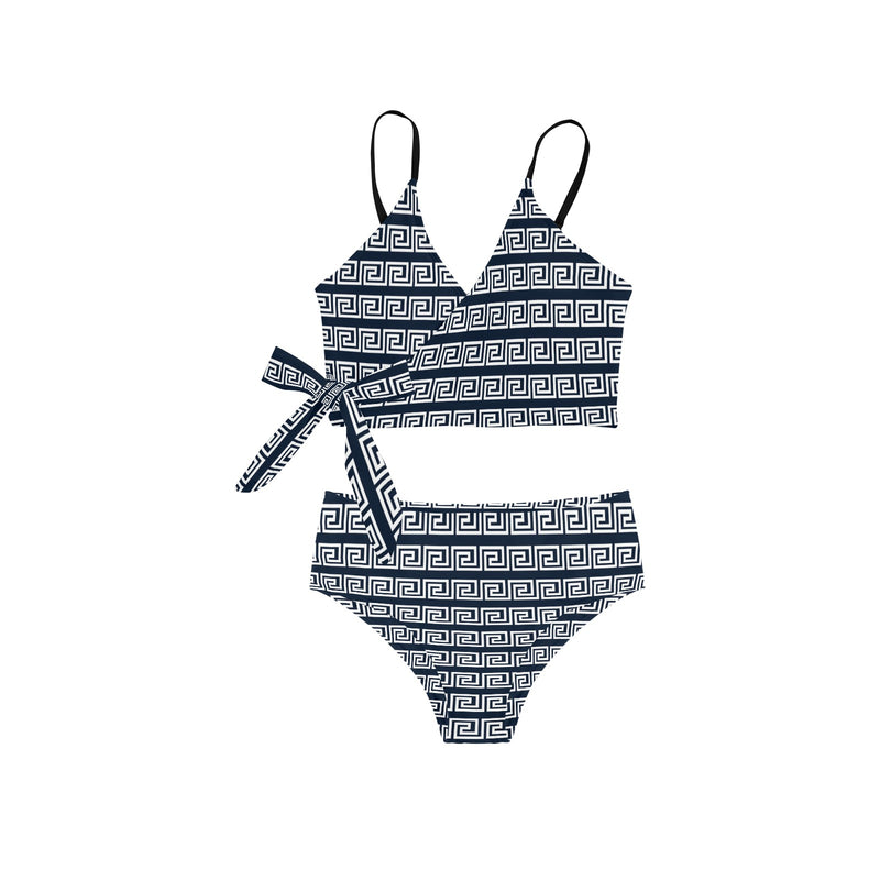 white on blue greek key print Knot Side Bikini Swimsuit (Model S37) - Objet D'Art