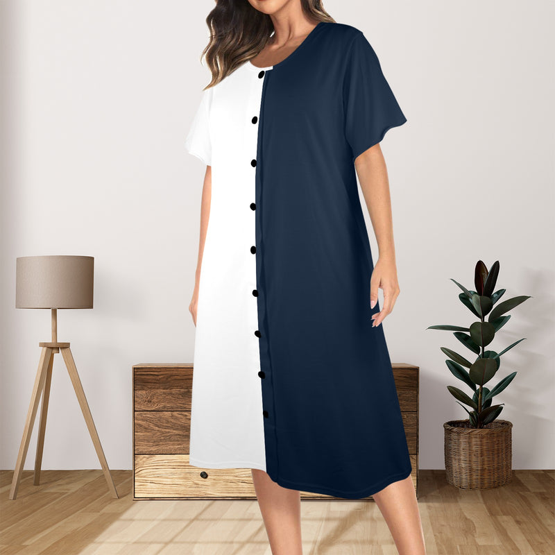 blue and white solid half Women's Button Front House Dress - Objet D'Art