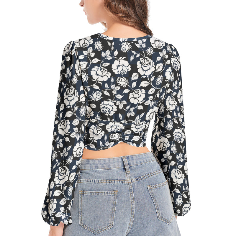 Silhouette of White Roses Women's Deep V-Neck Lantern Sleeve Crop Top - Objet D'Art