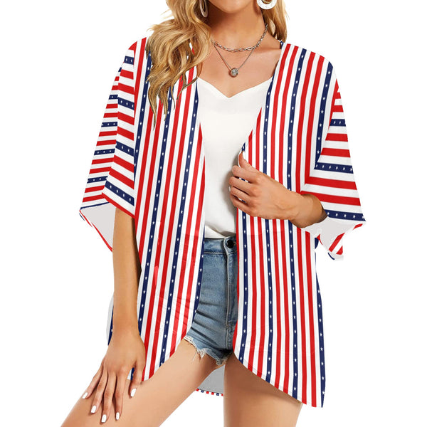 stars and stripes stripe print Women's Kimono Chiffon Cover Up (Model H51) - Objet D'Art