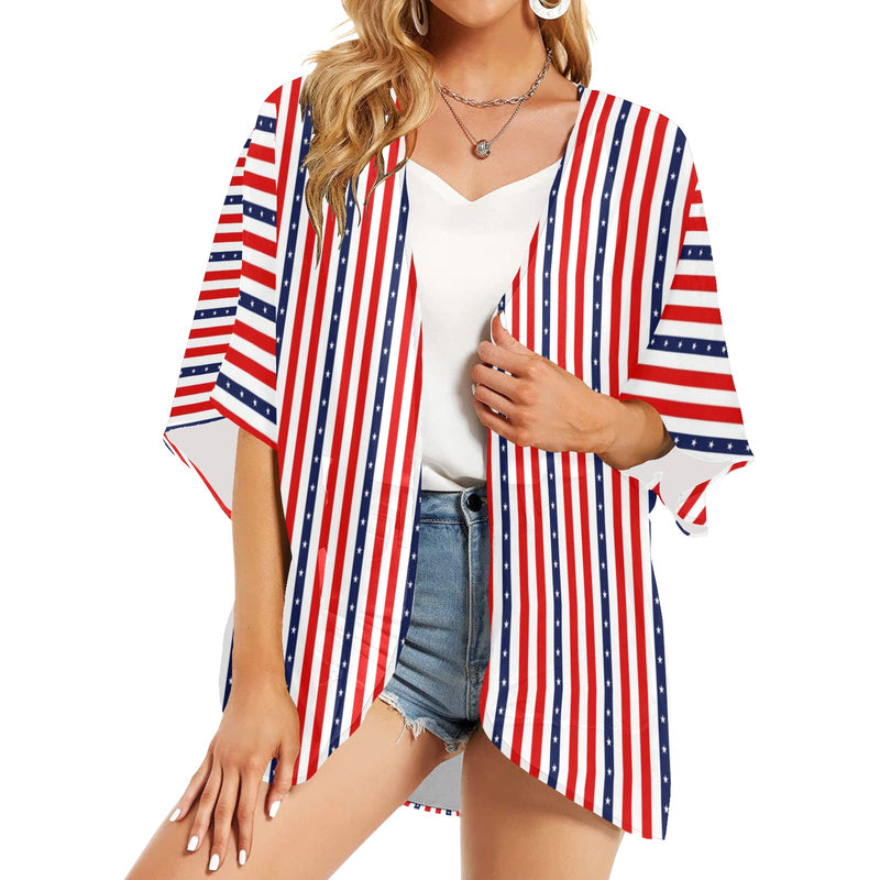stars and stripes stripe print Women's Kimono Chiffon Cover Up (Model H51) - Objet D'Art