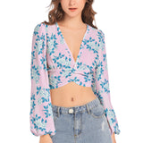 Pink Peony Women's Deep V-Neck Lantern Sleeve Crop Top - Objet D'Art