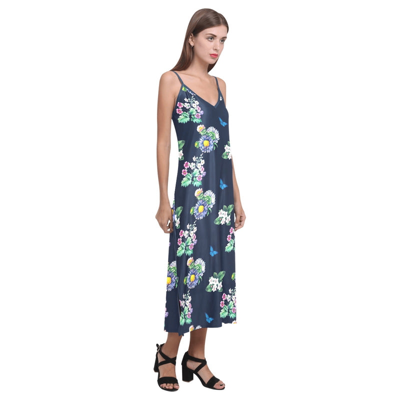 floral blue print 5 V-Neck Open Fork Long Dress(Model D18) - Objet D'Art