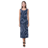 scroll blue print Phaedra Sleeveless Open Fork Long Dress (Model D08) - Objet D'Art