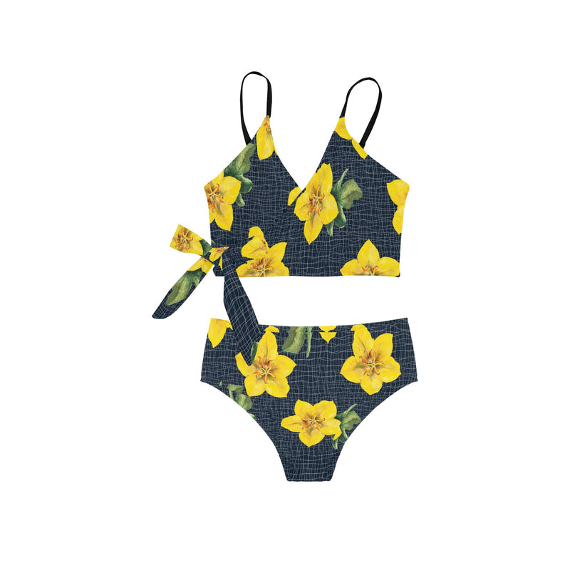 yellow flora print copy Knot Side Bikini Swimsuit (Model S37) - Objet D'Art