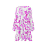 butterfly pink on white print V-Neck Loose Fit Dress (Model D62) - Objet D'Art