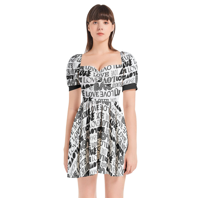 Love Print Puff Sleeve Sweetheart Neck Short Dress - Objet D'Art