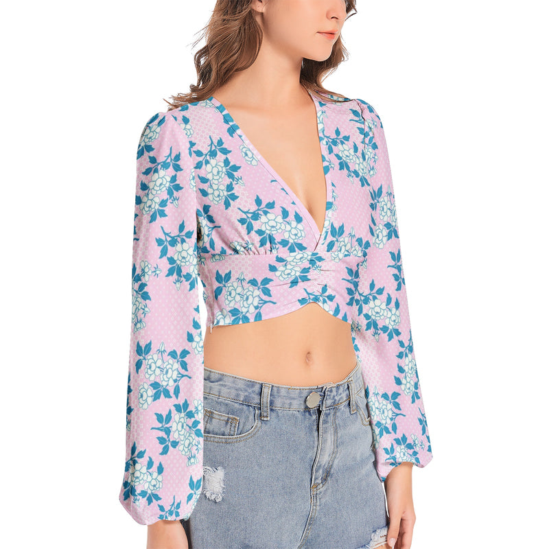 Pink Peony Women's Deep V-Neck Lantern Sleeve Crop Top - Objet D'Art