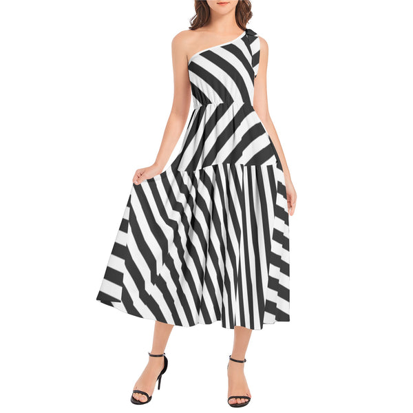 Striped Ruffle Hem One Shoulder Midi Dress - Objet D'Art