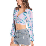 Pink Peony Women's Deep V-Neck Lantern Sleeve Crop Top - Objet D'Art