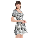 Love Print Puff Sleeve Sweetheart Neck Short Dress - Objet D'Art