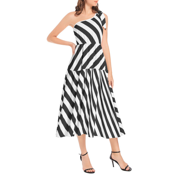 Striped Ruffle Hem One Shoulder Midi Dress - Objet D'Art