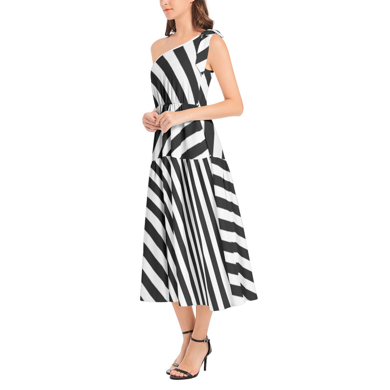 Striped Ruffle Hem One Shoulder Midi Dress - Objet D'Art