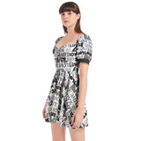 Love Print Puff Sleeve Sweetheart Neck Short Dress - Objet D'Art