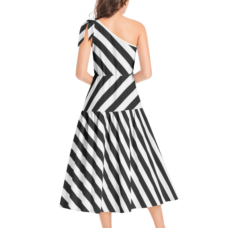 Striped Ruffle Hem One Shoulder Midi Dress - Objet D'Art