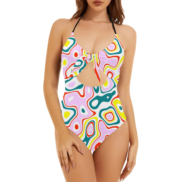 colored splat print 2 Backless Hollow Out Bow Tie Swimsuit (Model S17) - Objet D'Art