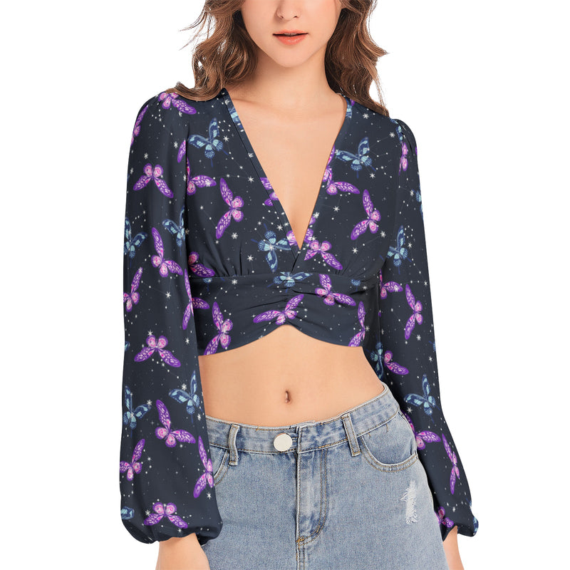 Astral Butterflies Women's Deep V-Neck Lantern Sleeve Crop Top - Objet D'Art