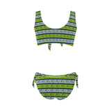 neon green greek print 3 Bow Tie Front Bikini Swimsuit (Model S38) - Objet D'Art